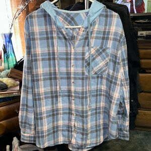 HOODED LONG SLEEVE BLUE CHECKERED FLANNEL SHIRT SIZE XL